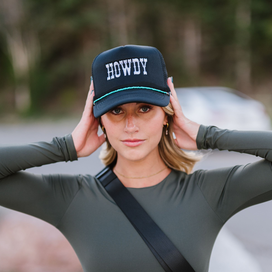 Embroidered "Howdy" Trucker Hat: Aqua Beaded