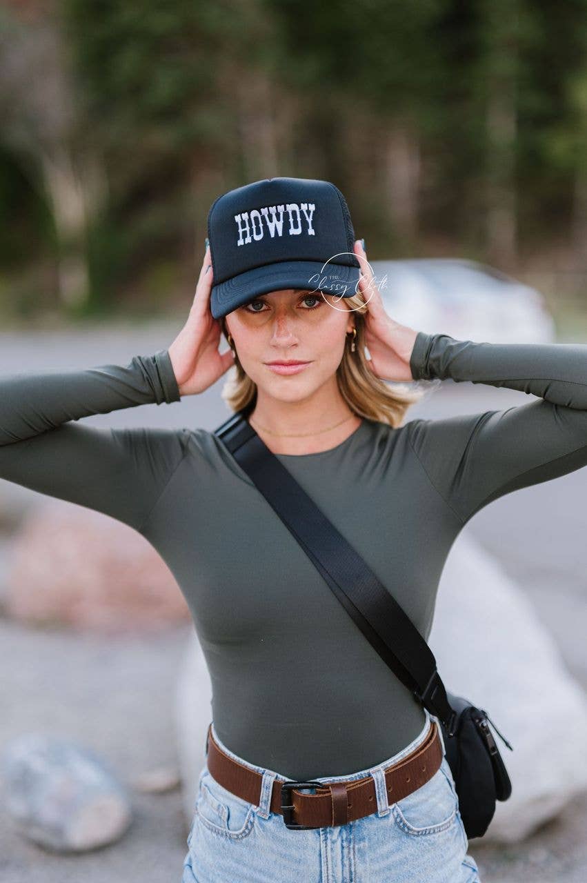 Embroidered "Howdy" Trucker Hat: Aqua Beaded
